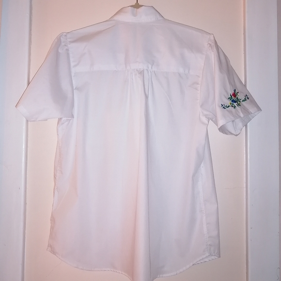 Vintage white short sleeve collar blouse floral embroidery button down med/large - Picture 10 of 14